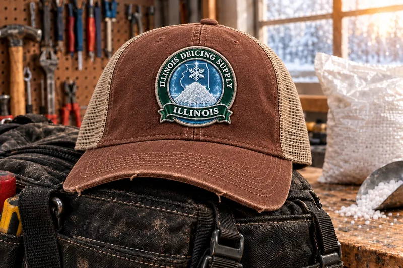 Illinois Deicing Supply trucker cap on a tool bag in a workshop
