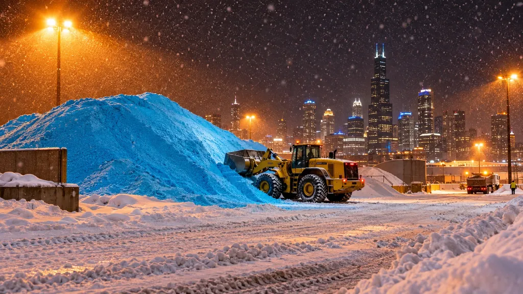 Snowy salt yard with a loader and trucks at night, a city skyline lit up in the distance