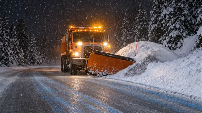 Orange plow truck pushing snow onto the shoulder of a treated road at dusk